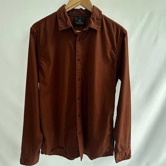 Scotch & Soda Men’s Rust Shirt w Turquoise & Navy Geometric Print - size Large - Picture 2 of 5